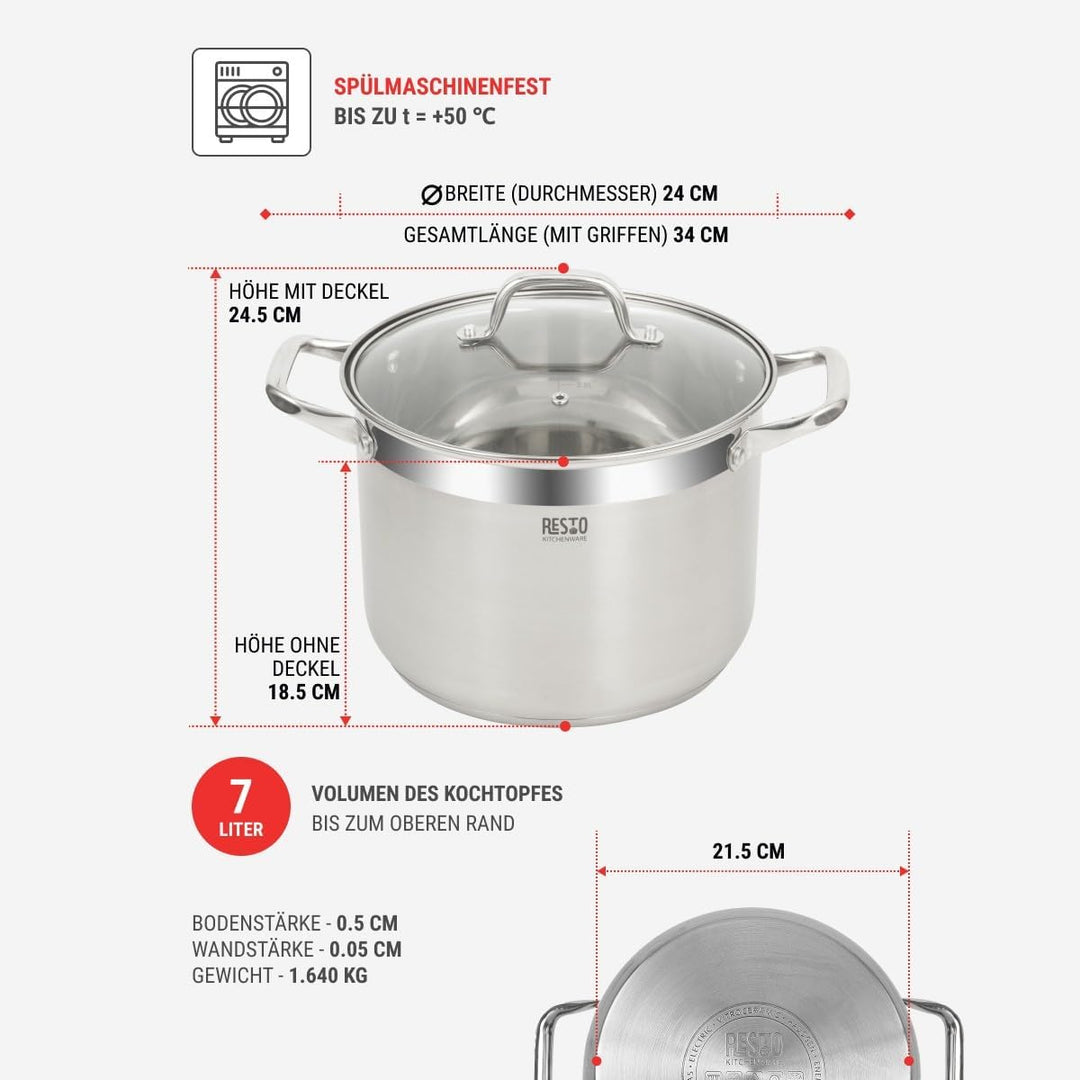 RESTO Edelstahltopf 24 cm - Suppentopf, Universaltopf 7 l - Schmortopf mit Deckel - Topf für alle He