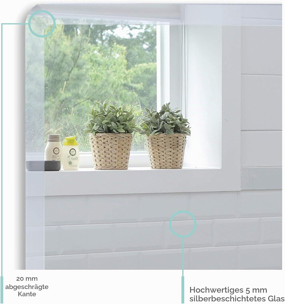 Schöner rechteckiger Badezimmerspiegel mit Ablage, modern und stylish, mit abgerundeten Kanten, Wand
