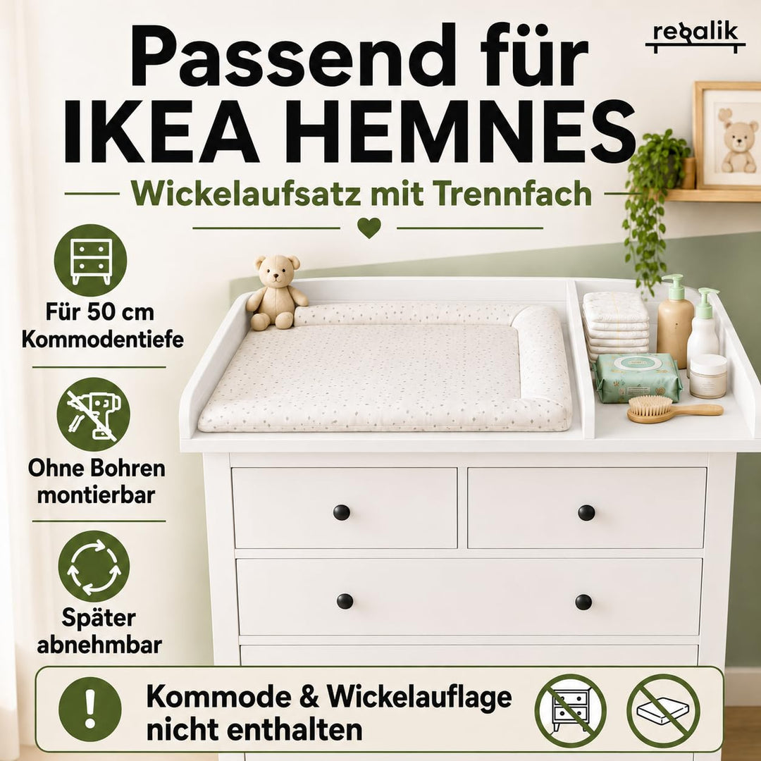 Wickeltischaufsatz mit Teilung für IKEA HEMNES, Wickelkommoden Aufsatz mit Trennfach, 50 cm Tiefe, a