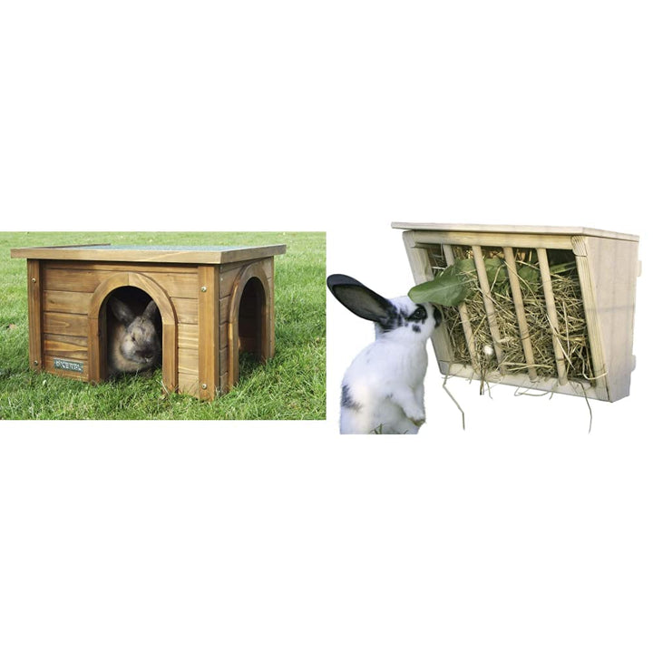Kerbl Nagerhaus für Kanninchen, 82852 &amp; Heuraufe für Kaninchen (Raufe aus Holz, mit Sitzbrett, verhi