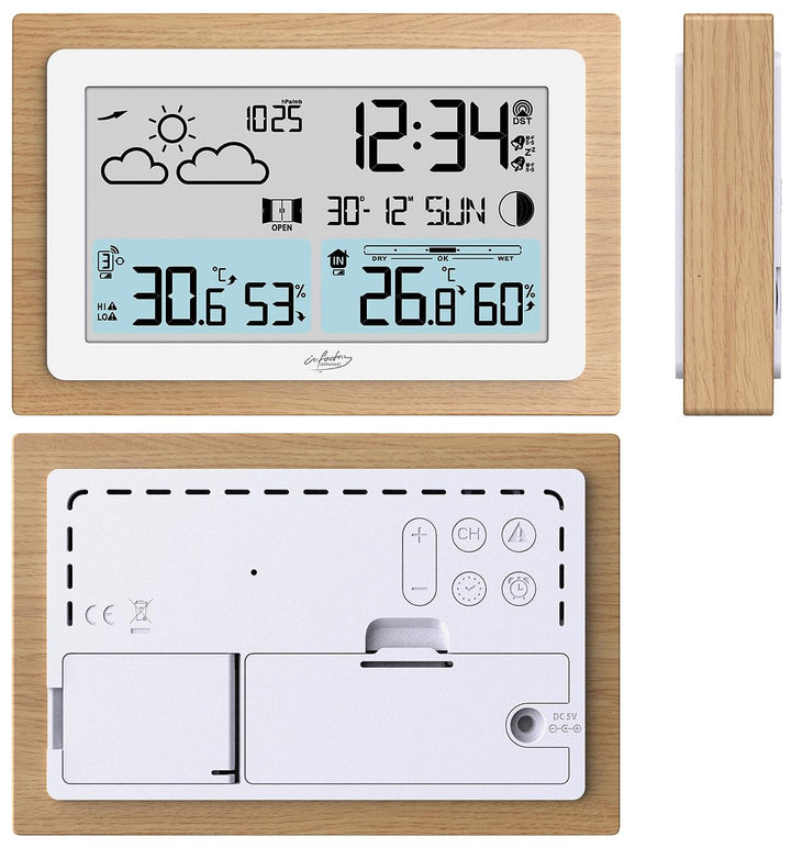 infactory Barometer: Funk-Wetterstation im Echtholz-Rahmen, Wettervorhersage, Uhr, Wecker (Wettersta