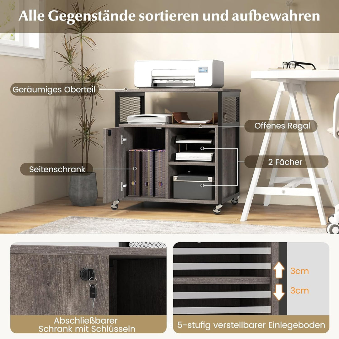 COSTWAY Aktenschrank auf Rollen, Büroschrank mit Ladestation und Loch für Kabelmanagement, Druckerst