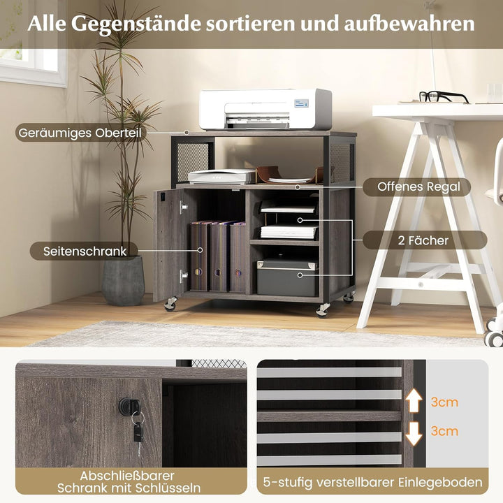 COSTWAY Aktenschrank auf Rollen, Büroschrank mit Ladestation und Loch für Kabelmanagement, Druckerst