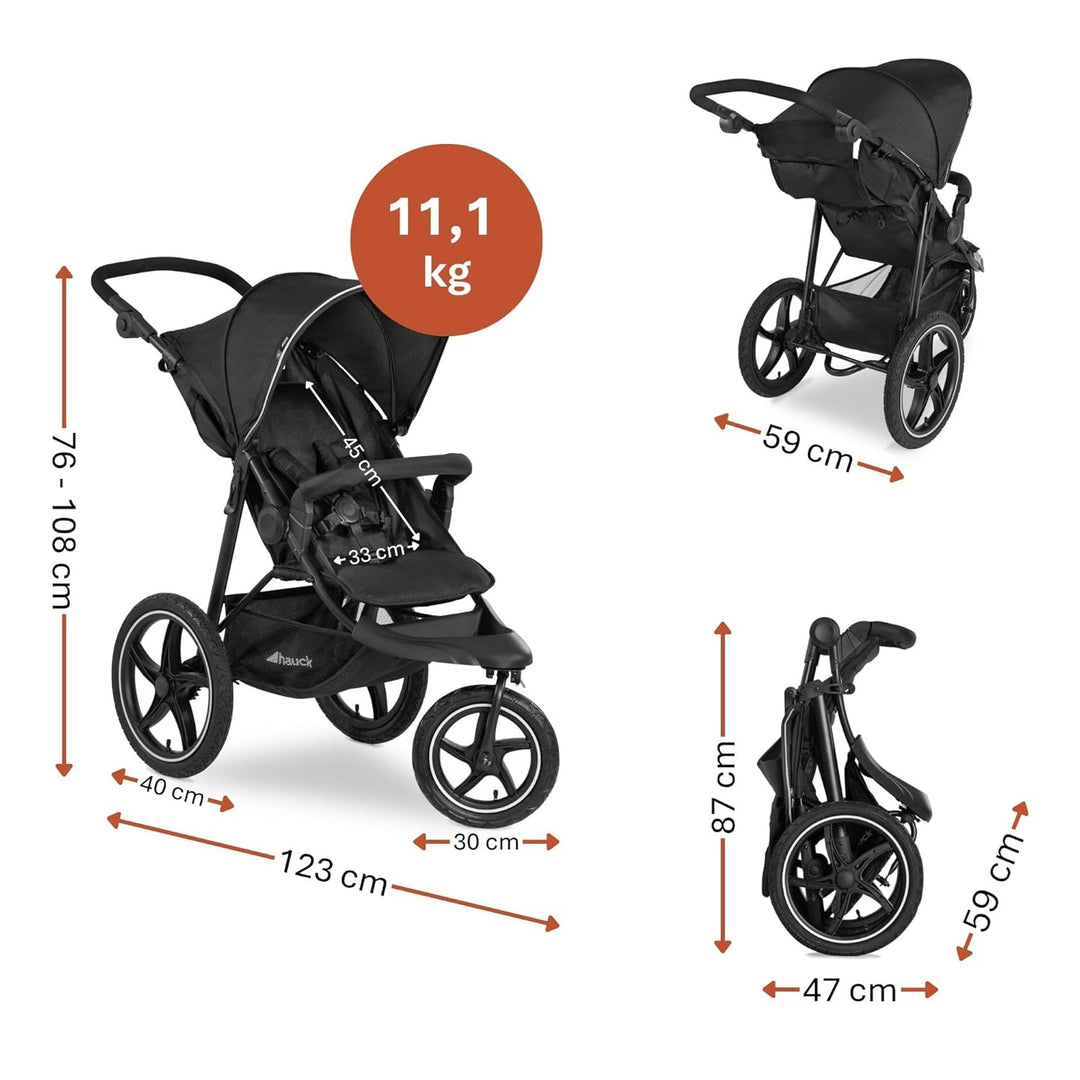 Hauck Kinder Buggy Runner 2, Grosse Luftreifen 3 Rad, Bis 25 kg, mit Liegefunktion und Netzfenster,
