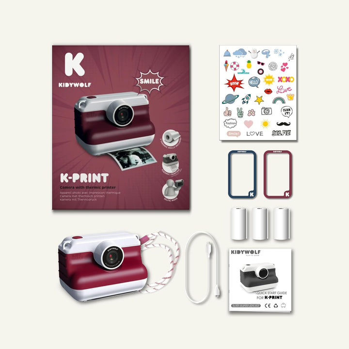 KIDYWOLF - K-Print Rot - Sofortbildkamera für Kinder ab 8 Jahren - Thermodruck ohne Tinte - Fotoverg