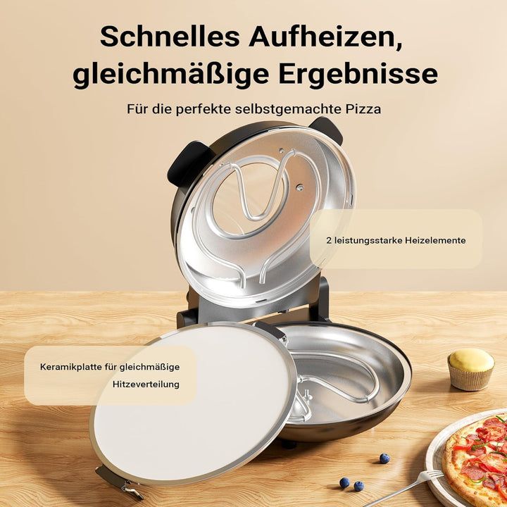 Wiltec Pizzamaker mit Keramiksteinplatte Ø32cm und Sichtfenster, Zwei Heizelemente max. 400°C, mit