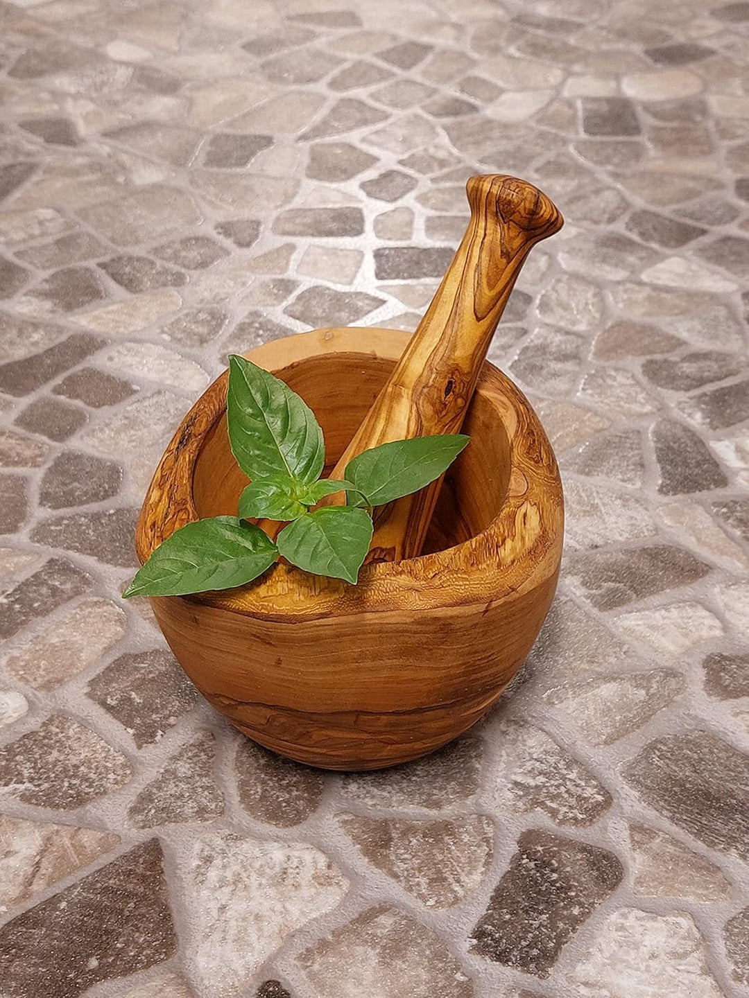 Handmade Olivenholz rustikal Mörser mit Stössel Ø 14 cm, Holzmörser, Gewürzmühle, Gewürz Mörser, han