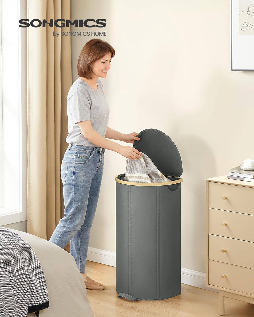 SONGMICS Wäschekorb, Wäschesammler, 90 Liter, Wäschetonne mit Deckel, Wäschesack herausnehmbar, für