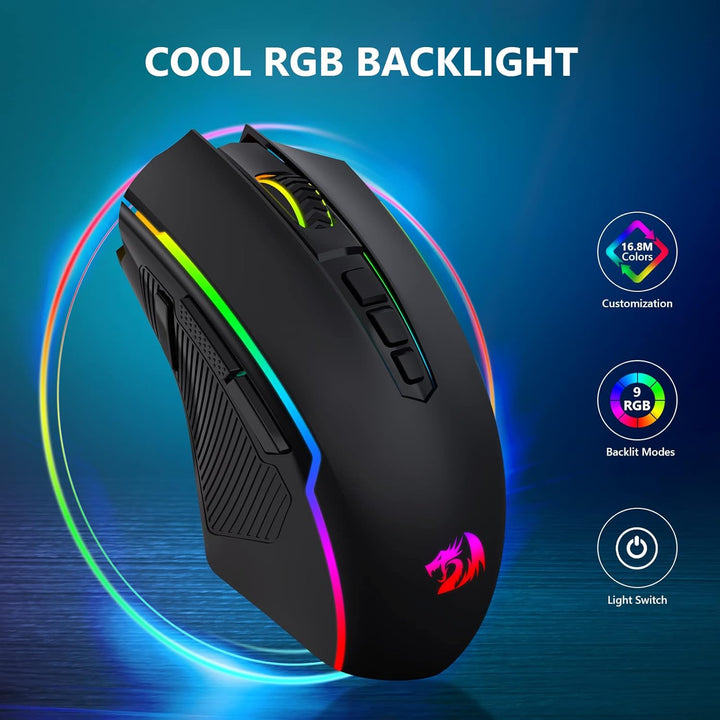 Redragon Gaming Maus Kabellose, RGB Wiederaufladbare Maus Gaming mit 9 Macro Editing Programmierbare