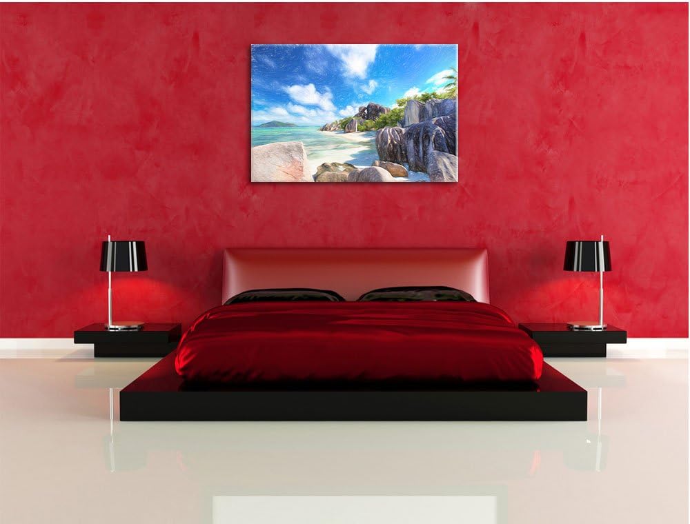 Pixxprint Seychellen Strand Kunst Buntstift Effekt, Format: 100x70 auf Leinwand, 100x70