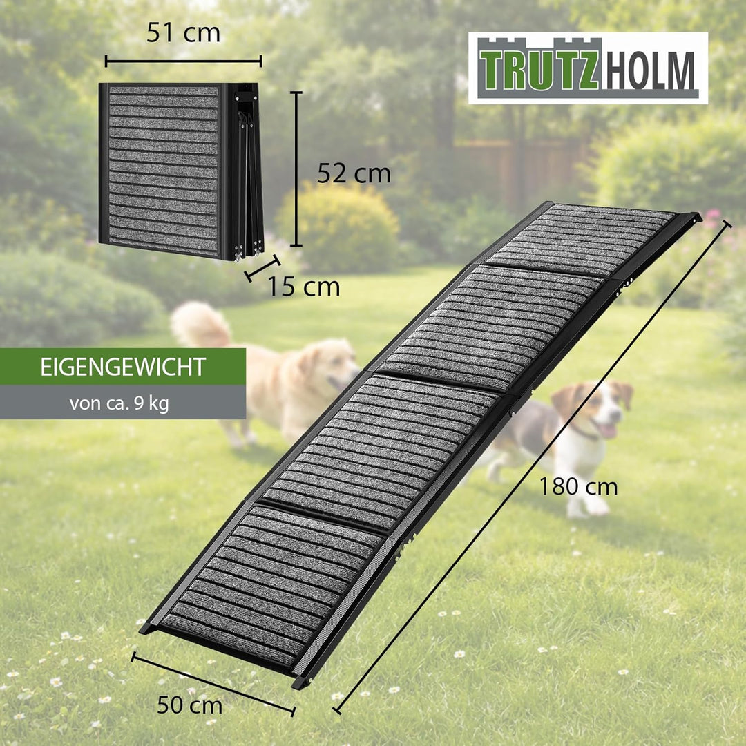 TRUTZHOLM Hunderampe klappbar 180 cm, Autorampe für Hunde, bis 130 kg Tragkraft, 4-Fach klappbar, Al
