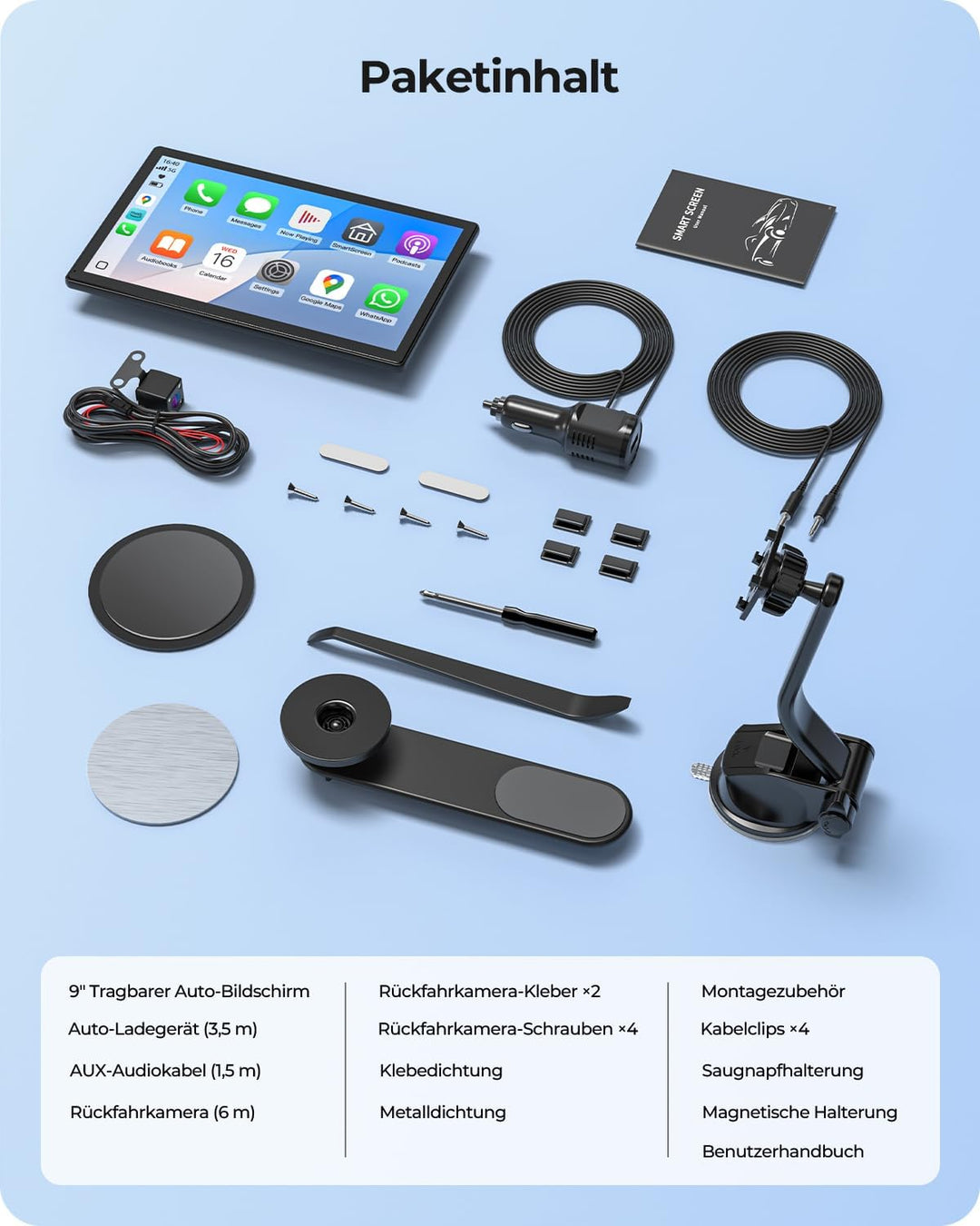 9" Drahtloses Tragbares 60FPS Car Play Display für Apple CarPlay & Android Auto, Magnetische Halteru