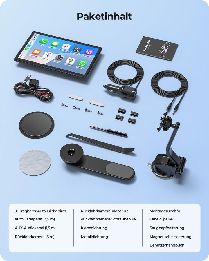 9" Drahtloses Tragbares 60FPS Car Play Display für Apple CarPlay & Android Auto, Magnetische Halteru