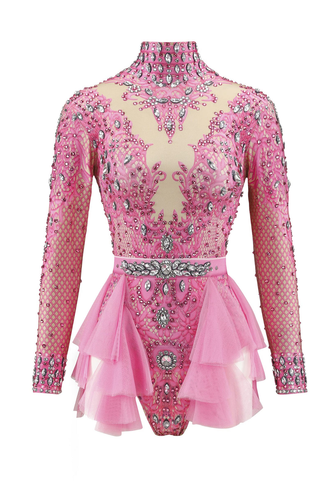 Glänzender Strass-Body für Damen, langärmelig, Drag-Queen-Outfit, sexy Kostüme, Tanz, rose, Einheits