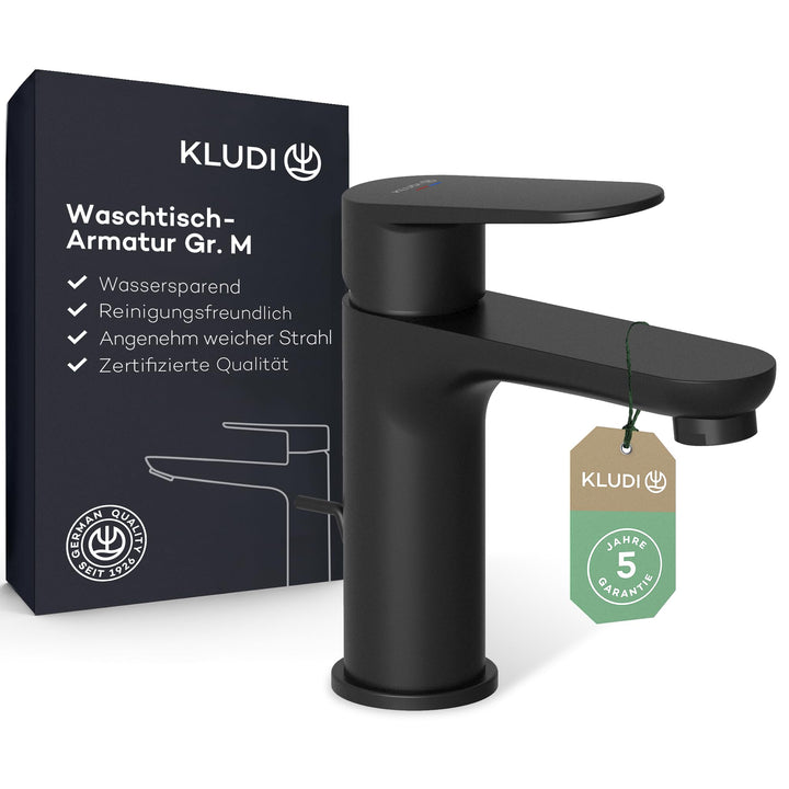 KLUDI-X1 Waschtischarmatur mit Zugstangen-Ablauf, Auslaufhöhe 95 mm, wassersparender Wasserhahn Bad