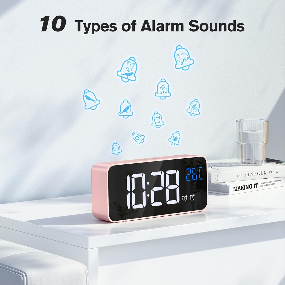 Wecker Digital, LED Digitaluhr mit Temperaturanzeige Tragbarer Spiegelalarm Tischuhr mit 2 Alarmen 1