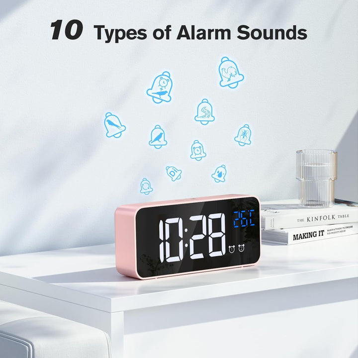 Wecker Digital, LED Digitaluhr mit Temperaturanzeige Tragbarer Spiegelalarm Tischuhr mit 2 Alarmen 1