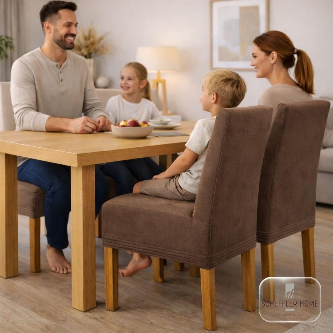SCHEFFLER-Home Stuhlhussen 4er Set Leon Taupe-Braun/elastische Wildleder Hussen für Stühle/Robustes