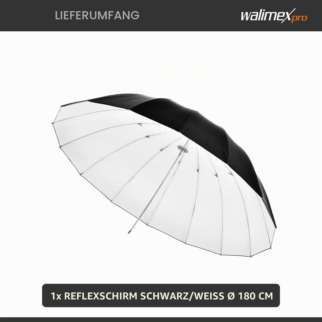 Walimex Pro Reflexschirm Schwarz/Weiss 180cm für Produktfotografie - Weiche, neutrale Lichtführung,