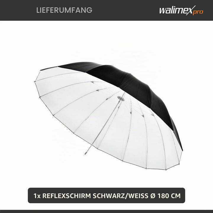 Walimex Pro Reflexschirm Schwarz/Weiss 180cm für Produktfotografie - Weiche, neutrale Lichtführung,