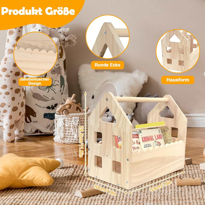 BüCherregal Kinder Kieferholz,NatüRliche Farbe Montessori BüCherregal Mit Griff 2 AblagefäChern,BüCh