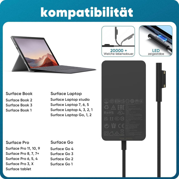 Surface Book 2 Ladekabel, Microsoft Surface Ladegerät 102W 15V 6.33A Netzteil für Surface Book 2/1/3