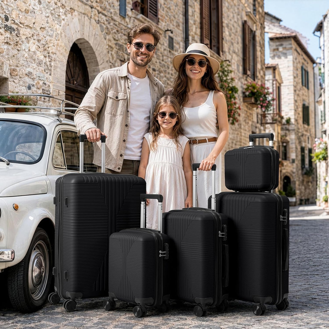 LEADZM Koffer Set 5 teilig mit Kosmetikkoffer aus PP (Schwarz) Schwarz 5 Tlg, Schwarz 5 Tlg
