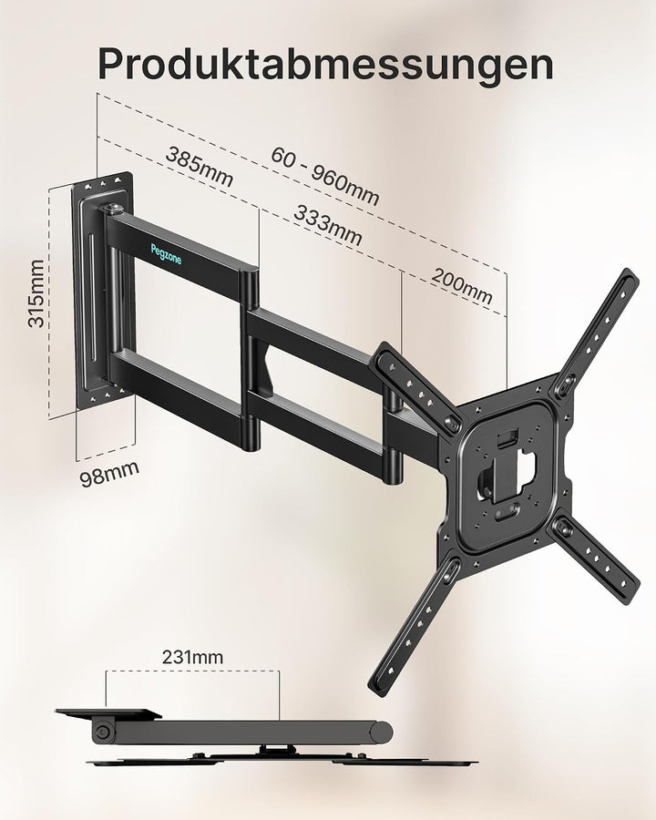 PEGZONE TV Wandhalterung Langarm 60-960mm 23-75" bis 50kg, VESA max.400x400 | Wandhalterung Fernsehe