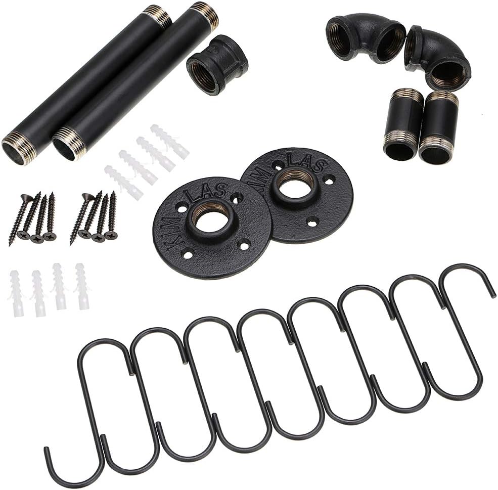 BTSKY 40 cm industrielles Rohrpfannenregal mit 8 Haken – Wandmontage, Küchenutensilien, Kochgeschirr