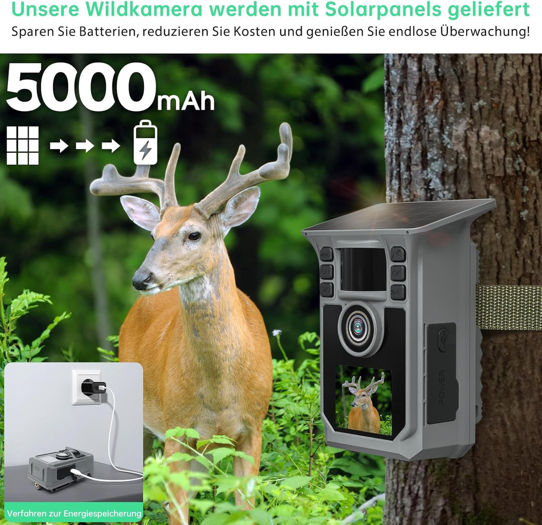 Wildkamera mit Handyübertragung APP, 4K 64MP Solar WLAN Bluetooth Eingebaute 5000mAh, 64GB Speicherk