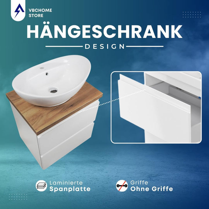 VBChome Badmöbel 60 cm Weiss Aufsatzwaschbecken mit Hahnloch 59x39 cm Aufsatzwaschtisch mit Waschbec