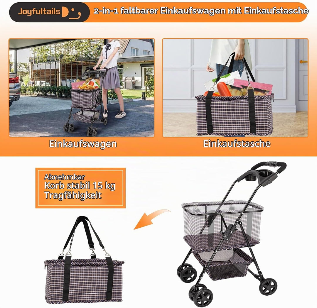 Einkaufstrolley klappbar mit 52L Kapazität und belastbar bis 25kg, Tragbarer Einkaufstrolley mit sta