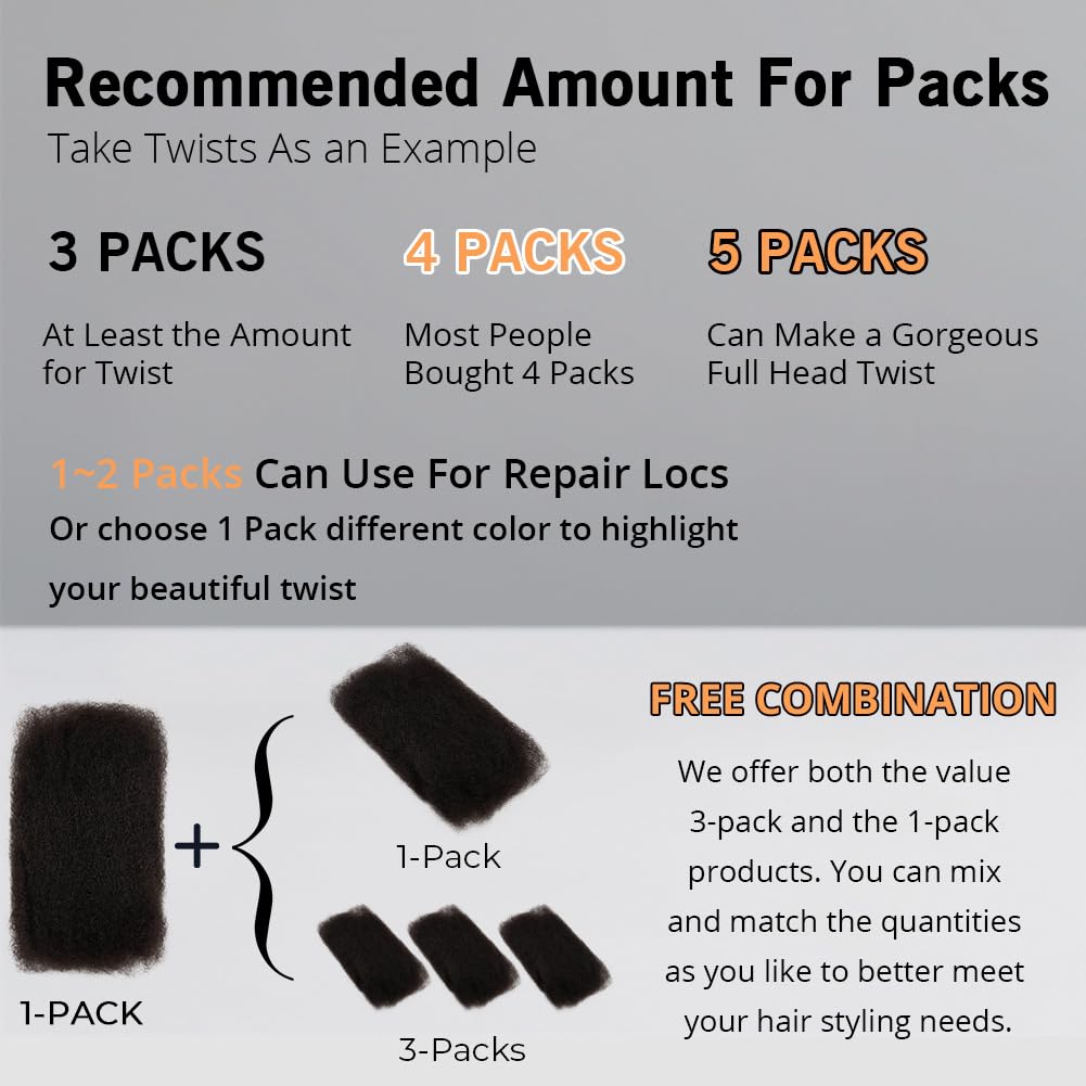 FASHION IDOL Afro Kinkys Bulk Echthaar für Dreadlock Extensions 25CM 3 Packungen 150 Gramm Honigblon