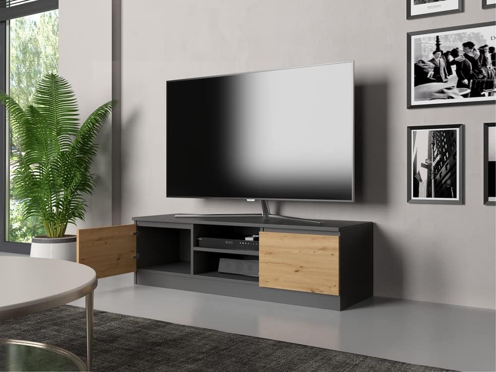 VBChome TV-Schrank 140 x 40 x 36 cm Eiche Aritsan-Antrazit Griffelose Tv-Regal Fernsehtisch mit 2 Tü