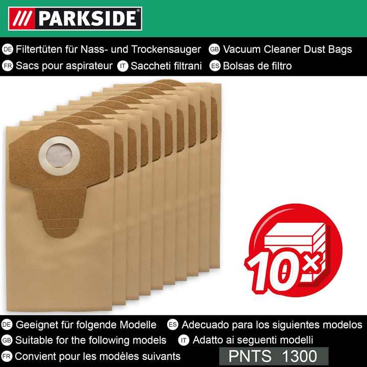 10 Original Parkside Lidl Staubsaugerbeutel für Nass-Trocken-Sauger PNTS 1250, 1250/9, PNTS 1300 A1,