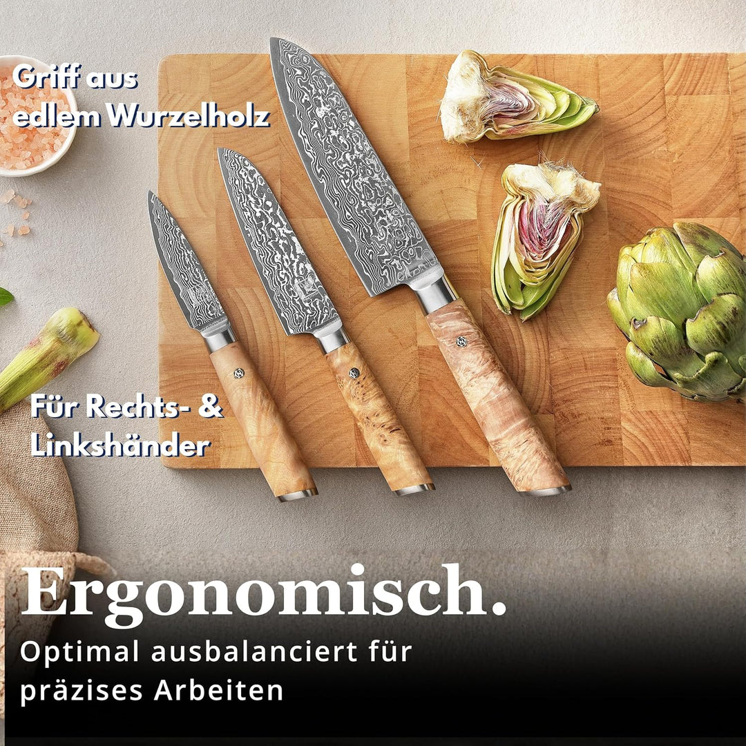 zayiko Kinone Premium 3er Damastmesser-Set mit 8-17 cm Klinge gefertigt aus 67 Lagen echtem Damastst
