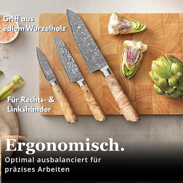 zayiko Kinone Premium 3er Damastmesser-Set mit 8-17 cm Klinge gefertigt aus 67 Lagen echtem Damastst