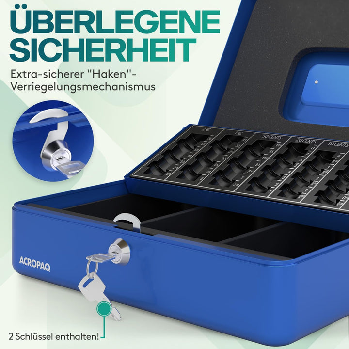 ACROPAQ Geldkassette abschliessbar - Kasse mit Münzzählbrett, Gross 24 x 30 x 9 cm - Abschliessbare