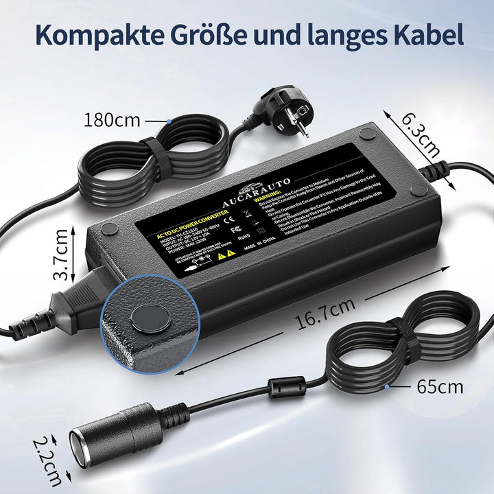Spannungswandler 230V auf 12V, 120W/10A/2.65M KFZ Netzadapter mit Zigarettenzünder auf Steckdose, Ad
