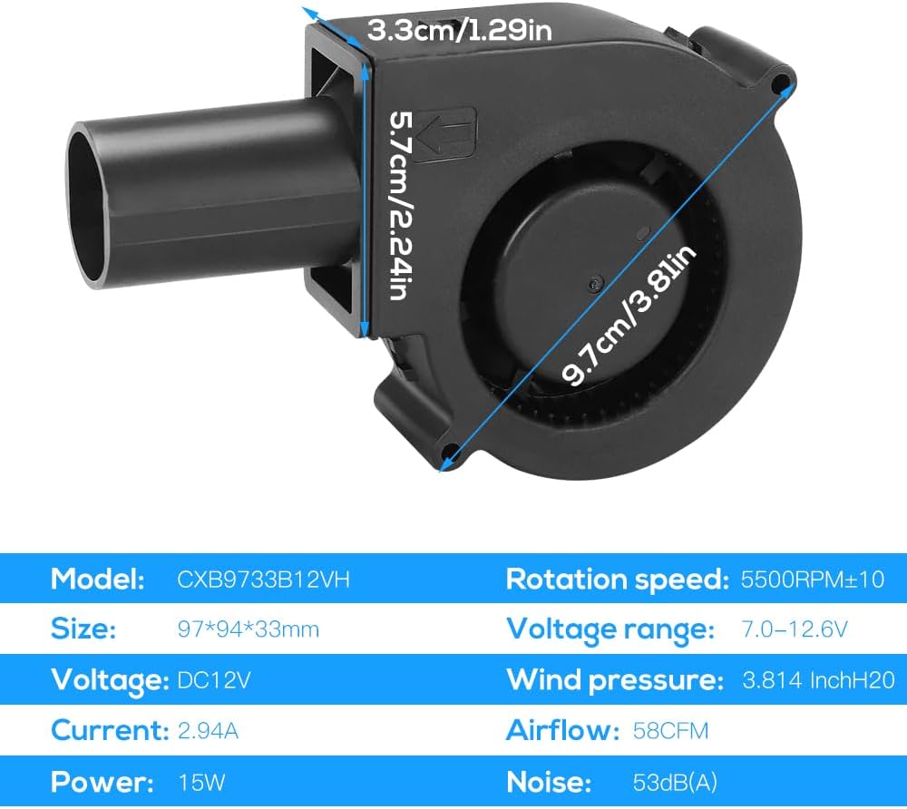 NAVESO Radiallüfter 12V, Gebläse Lüfter 12V mit 220V Drehzahlregler und Luftauslass, 97mm Turbinenge