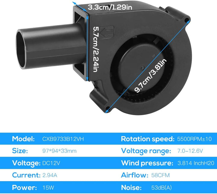 NAVESO Radiallüfter 12V, Gebläse Lüfter 12V mit 220V Drehzahlregler und Luftauslass, 97mm Turbinenge
