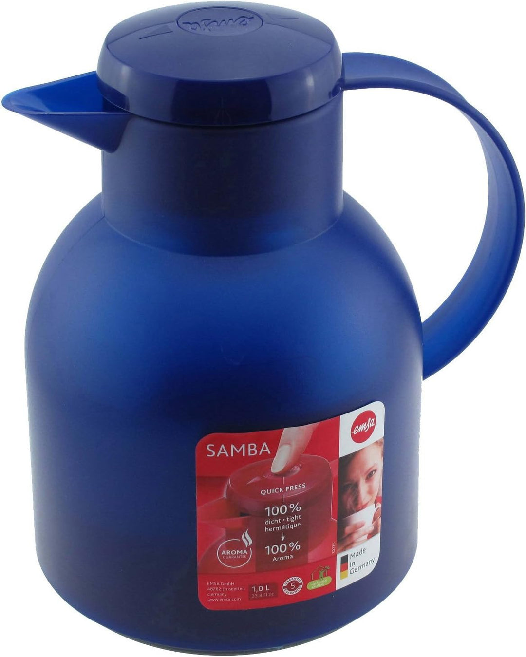 Emsa Samba Isolierkanne 504231 | 1 Liter | Quick Press Verschluss | 100% dicht | 12h heiss, 24h kalt
