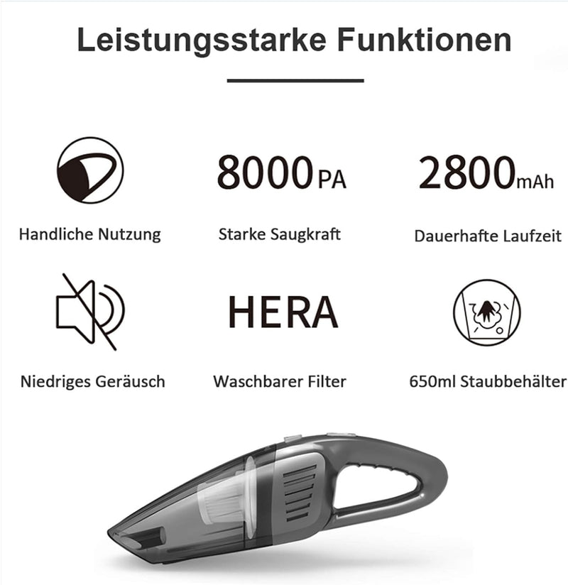 Fourward Handstaubsauger Autostaubsauger 8000Pa, Kabelloser Wiederaufladbar Staubsauger 120W Starke