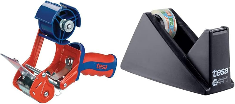 tesa 6400 Packband Handabroller COMFORT - Abroller für Paketbänder & Easy Cut Economy Klebebandabrol