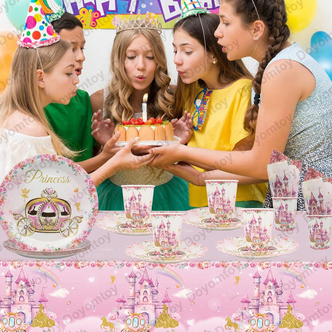 Doyomtoy Prinzessin Partygeschirr,Rosa Schloss Party Geschirr Set Prinzessin Schloss Cartoon-Geschir
