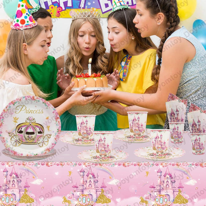 Doyomtoy Prinzessin Partygeschirr,Rosa Schloss Party Geschirr Set Prinzessin Schloss Cartoon-Geschir