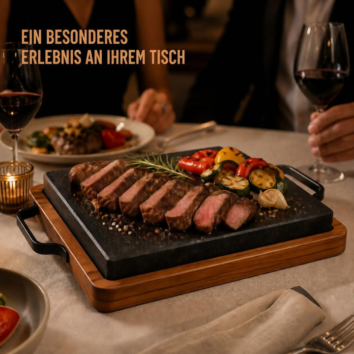 Lavastein Grillplatte mit Holztablett 27x18 cm – Heisser Stein für Steak &amp; Fleisch – BBQ Servierplat