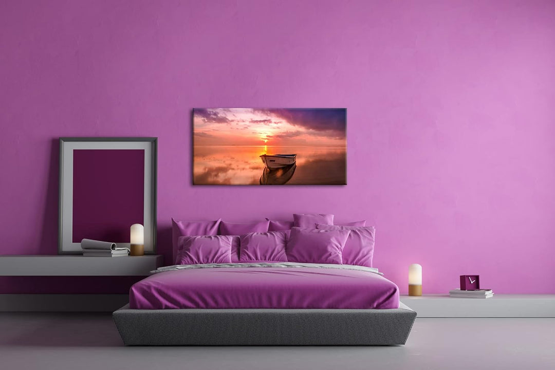Einsames Boot im Sonnenuntergang Panorama 120x60 cm als Leinwandbild, Motiv fertig gerahmt auf Echth