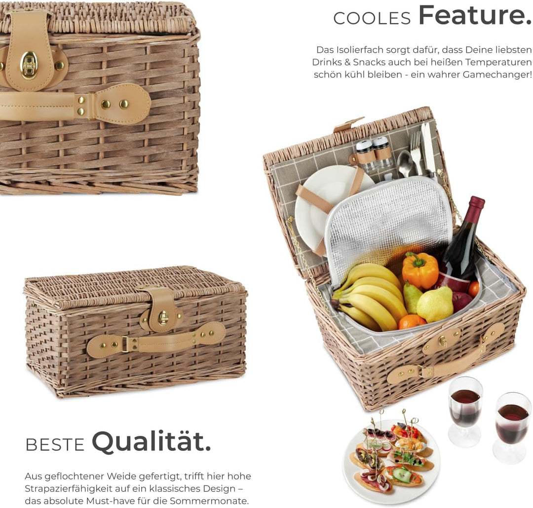 tectake® Picknickkorb 2 Personen, inkl. Kühlfach, befüllter Picnic Basket Weidenkorb für Ausflug, Ca