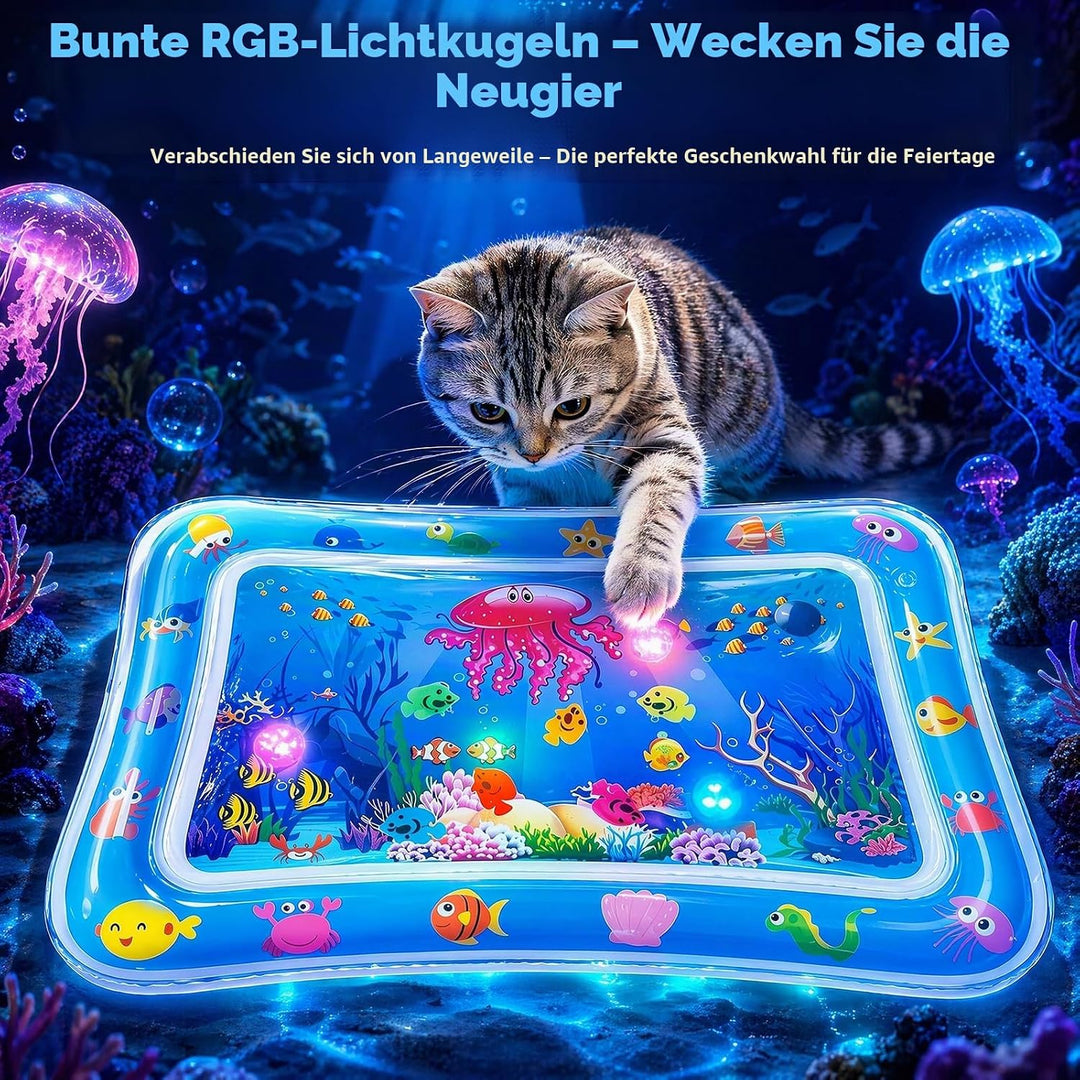 Wassermatte Katze, Wasserspielmatte Katze Hund, Verdickte PVC Katzen Kühlmatte mit Fischen &amp; LED-Lic